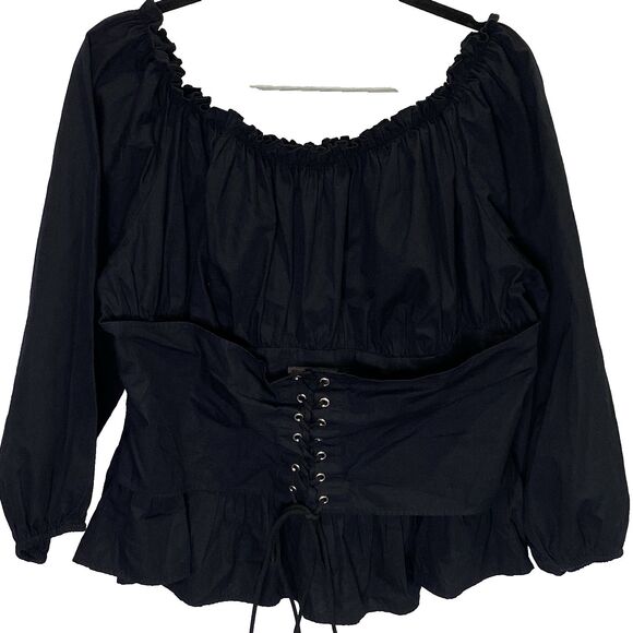Spoon Jeans Blouse Corset Tie Peplum Elastic Boat Neck Womens 2X Black - Picture 1 of 12